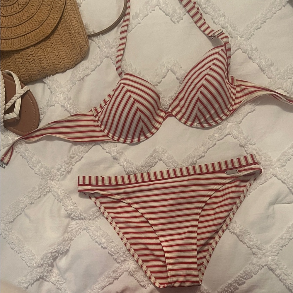 Red and White Striped Bikini Set